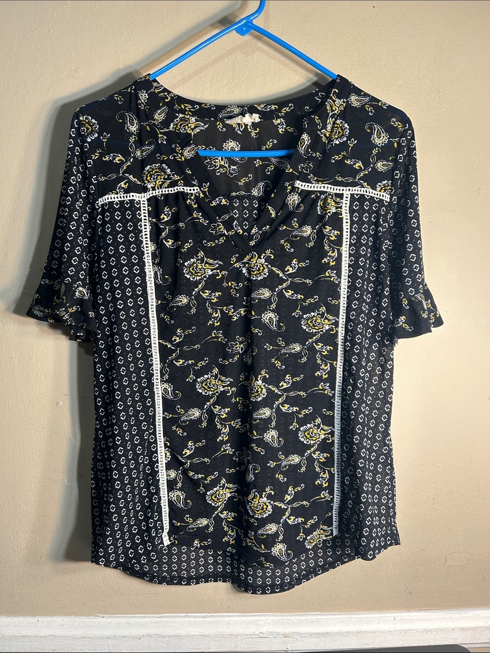 Ember Women's Black Floral Mixed-Print Short Sleeve Top Blouse Size Medium